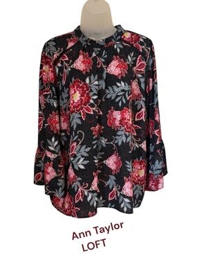 ANN TAYLOR LOFT Black Floral Office/Career Blouse XLARGE       #C